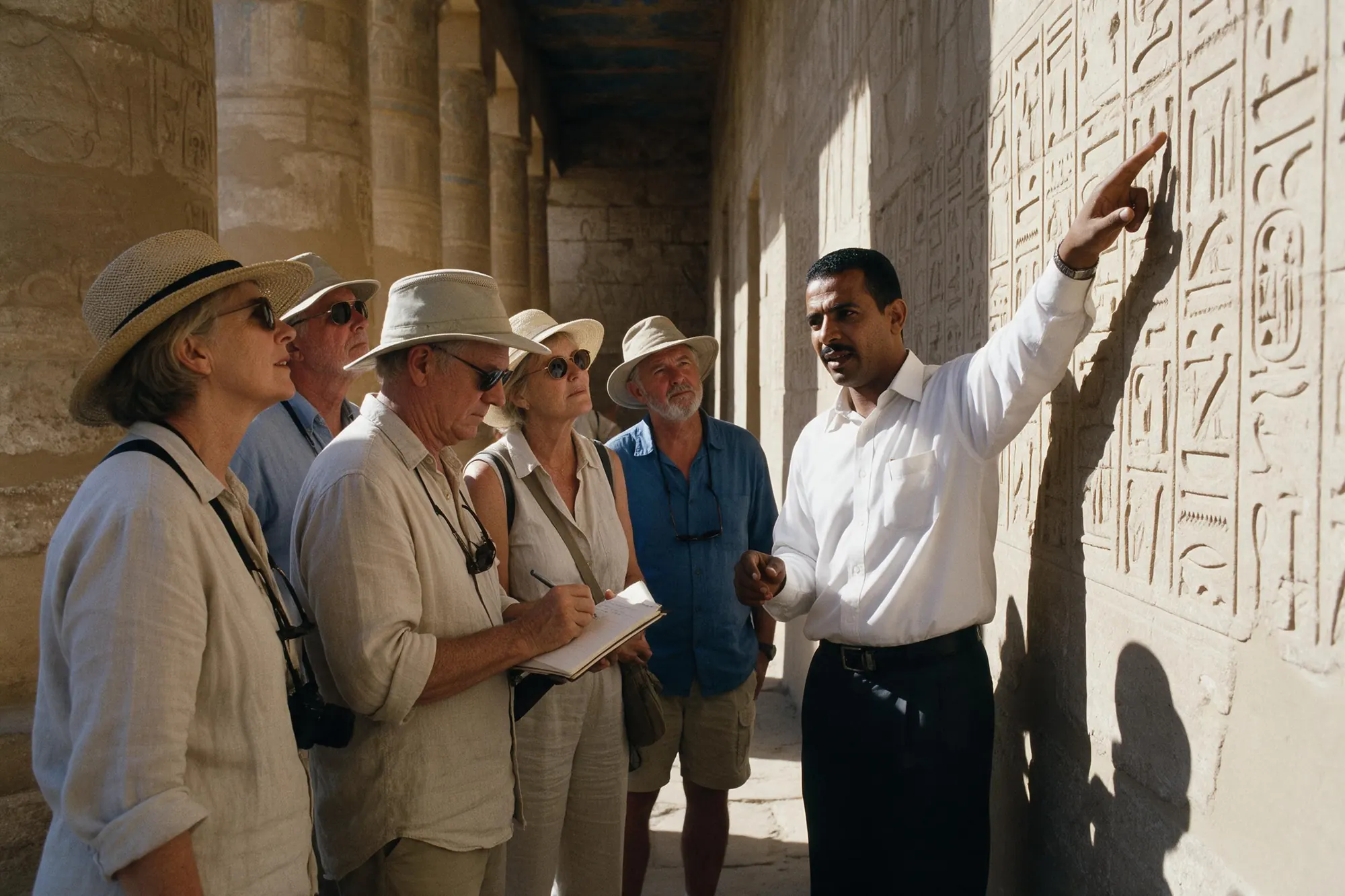 A Goshen guide explaining hieroglyphs to a small group